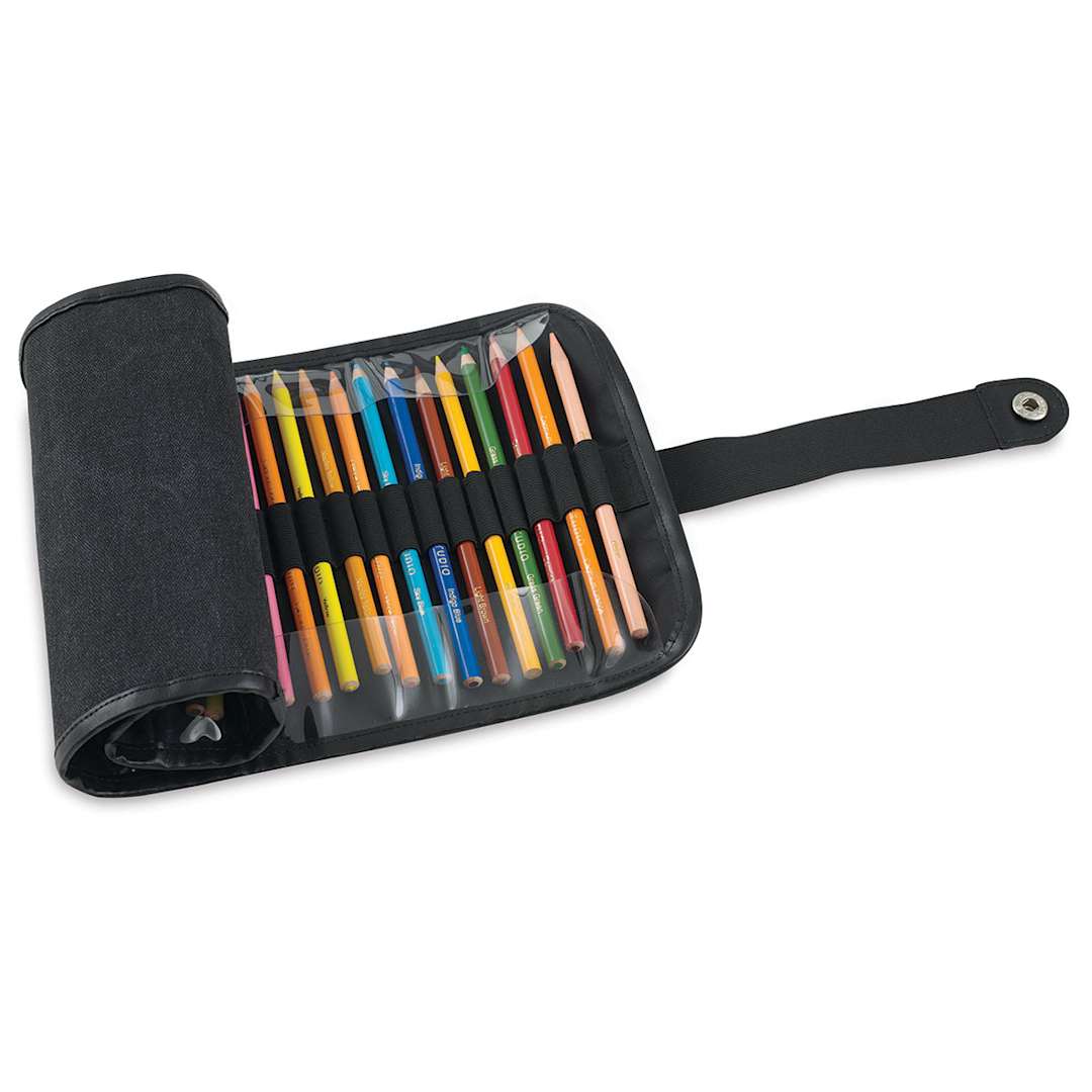 Open in modal - Speedball Roll-Up Pencil Case - Case for 36, Black - partially unrolled (pencils not included)