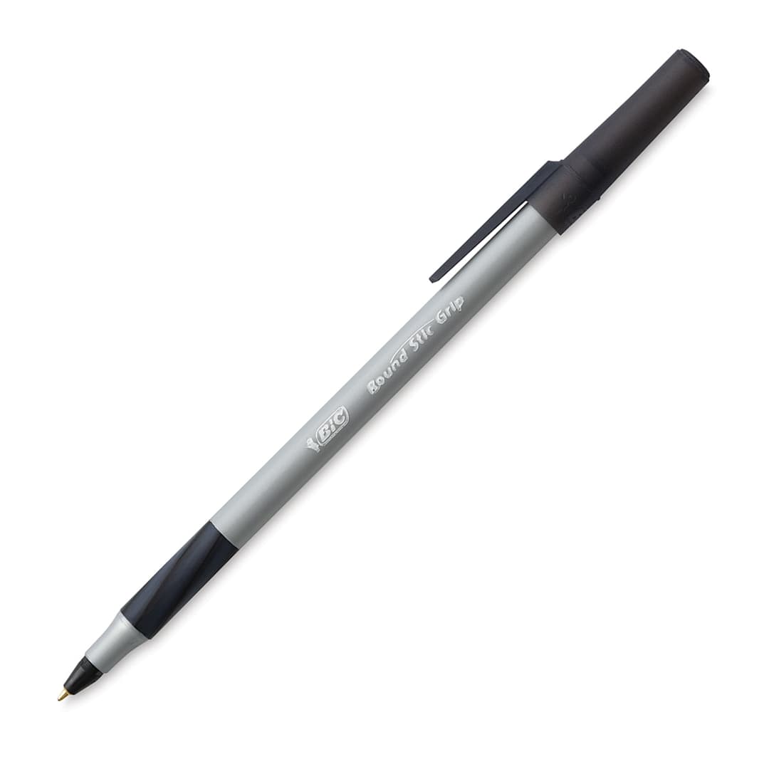 Open in modal - Bic Round Stic Grip Pen - Single pen shown at angle and uncapped