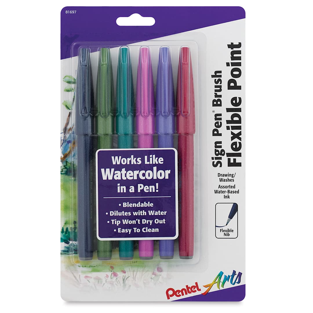 Open in modal - Pentel Arts Brush Tip Sign Pens - Jewel Colors, Set of 6 (front of package)