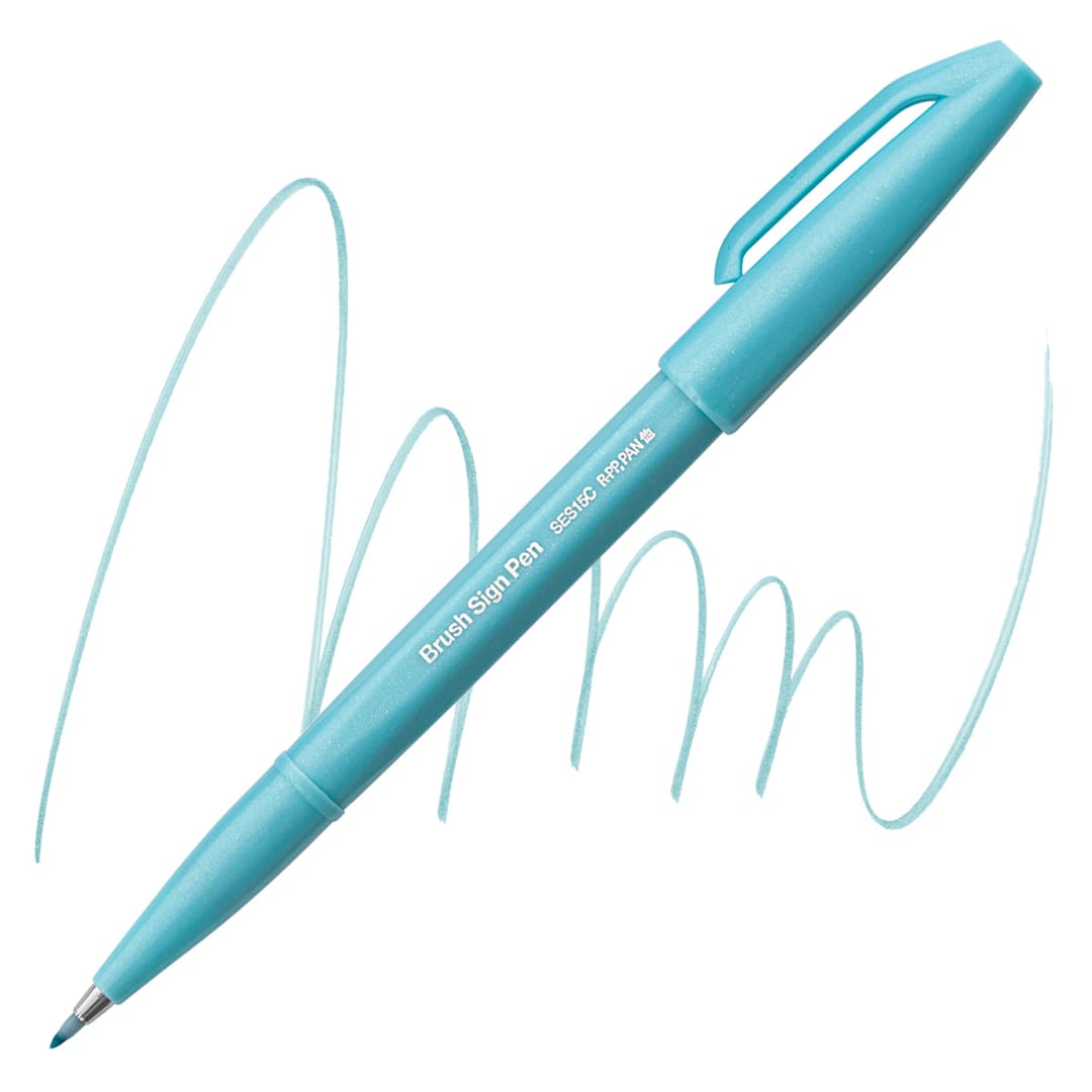 Open in modal - Pentel Arts Brush Tip Sign Pen - Pale Blue pen and swatch