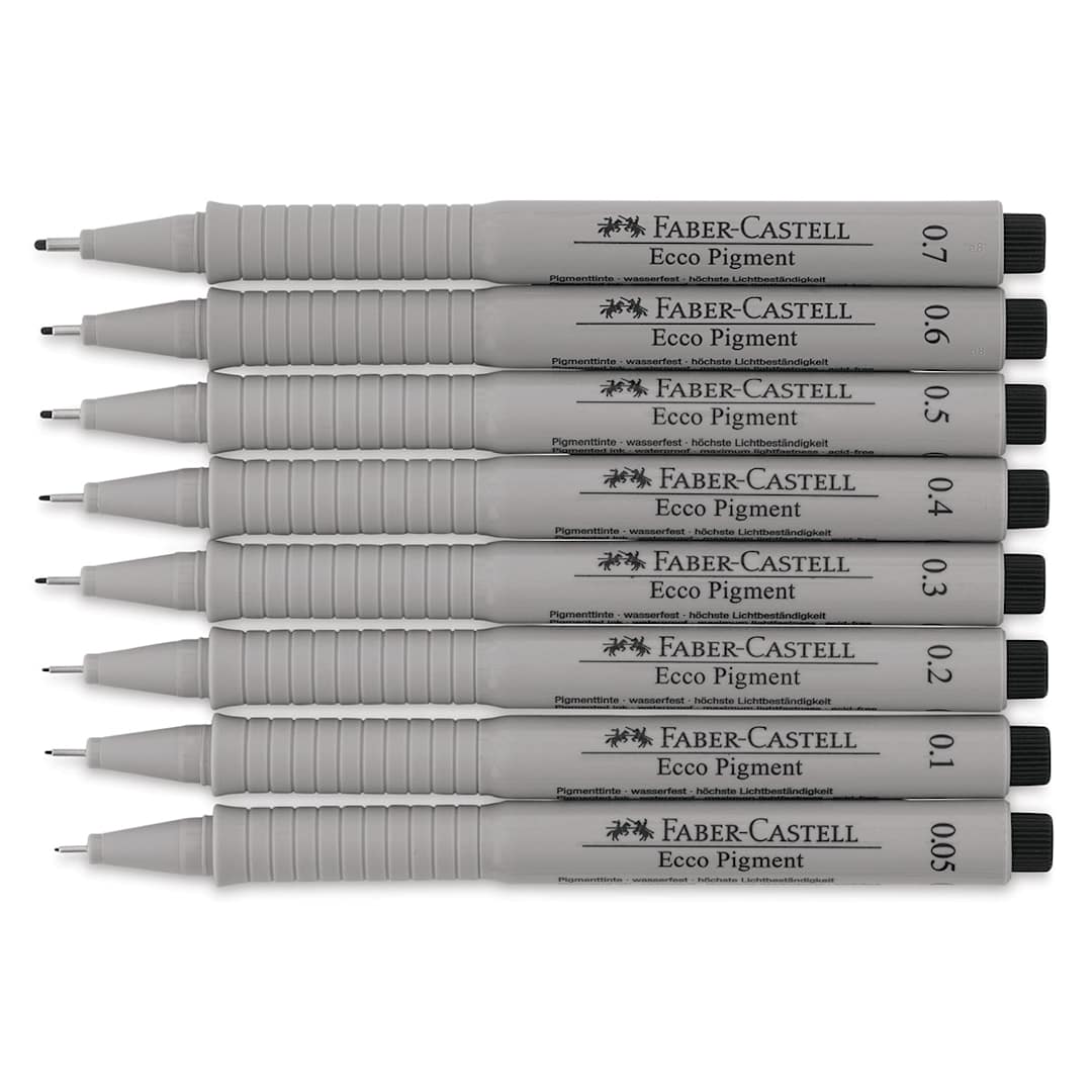 Open in modal - Faber-Castell Ecco Pigment Pens Set - Components of 8 pc set shown horizontally and without caps