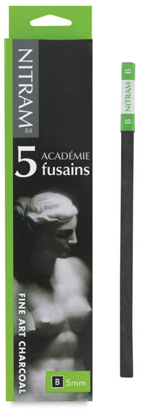 Open in modal - Nitram B Academie Fusains Charcoal - Soft, Front of package of 5 shown with one Baton