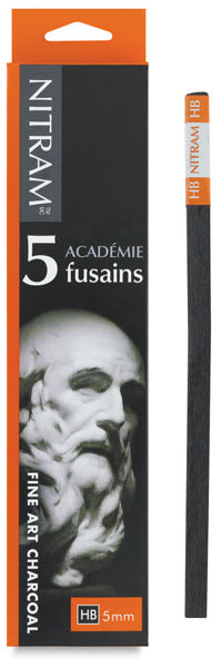 Open in modal - Nitram HB Academie Fusains Charcoal -Medium Charcoal, Front of Package of 5 shown, one Baton shown