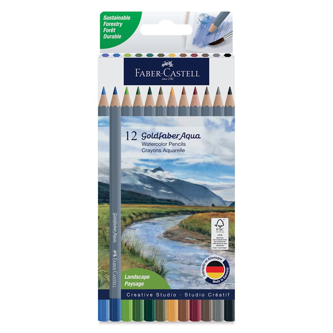 Open in modal - Faber Castell Goldfaber Aqua Watercolor Pencils - Set of 12, Landscape Colors, front of packaging