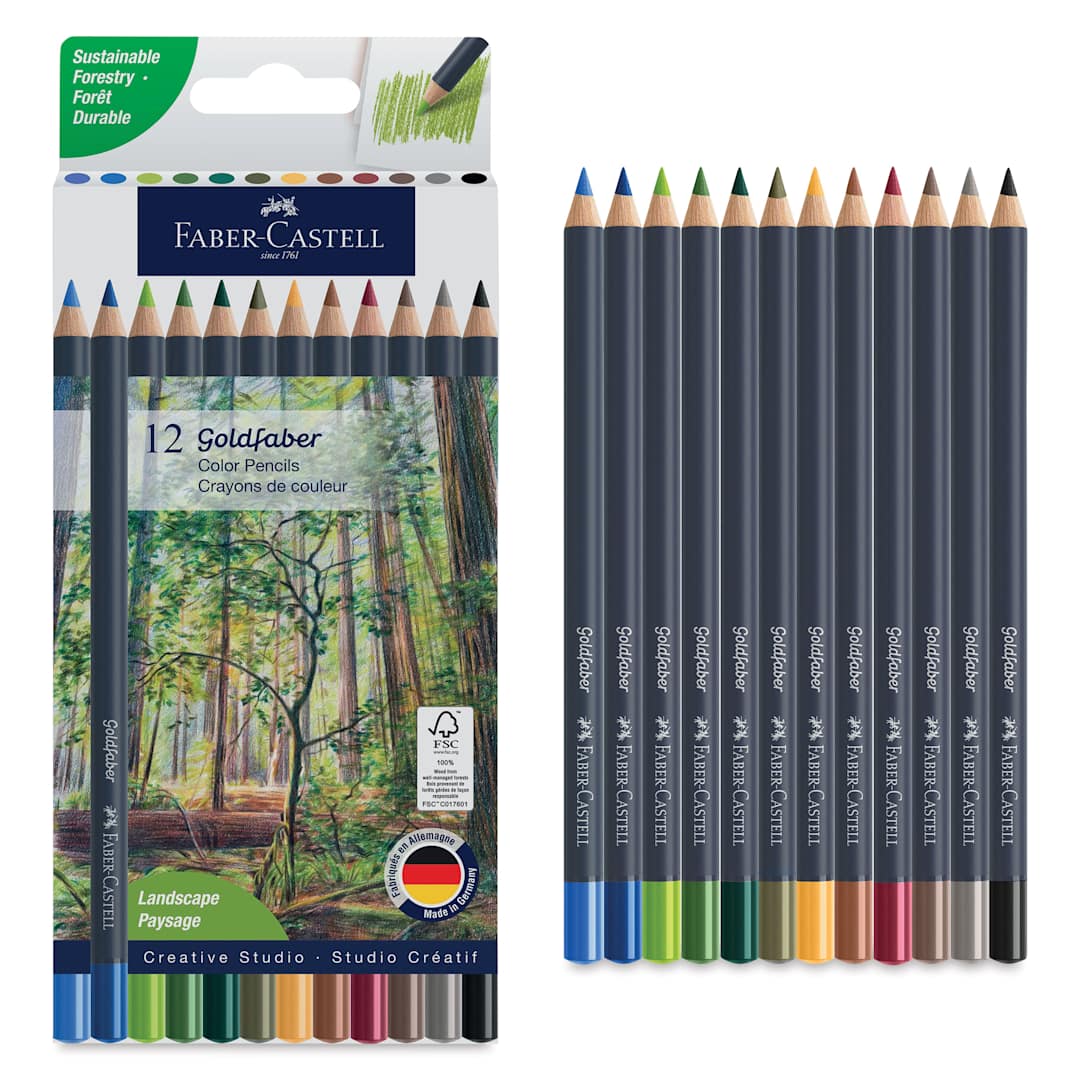 Open in modal - Faber-Castell Goldfaber Color Pencils - Set of 12, Landscape Colors, front of packaging and set contents