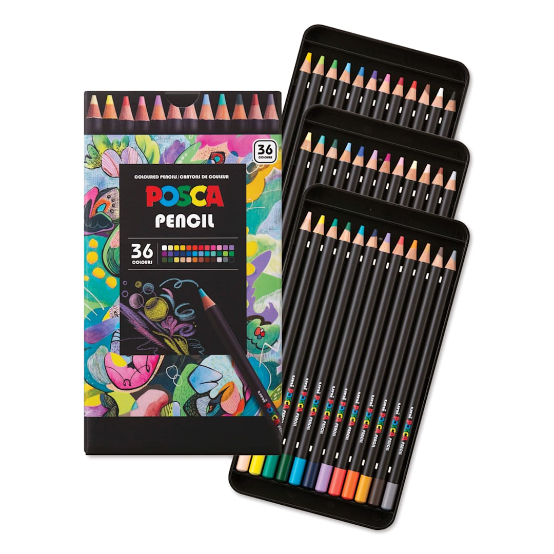 Open in modal - Posca Colored Pencils - Set of 36, Assorted Colors, 2026 Edition, packaging with contents