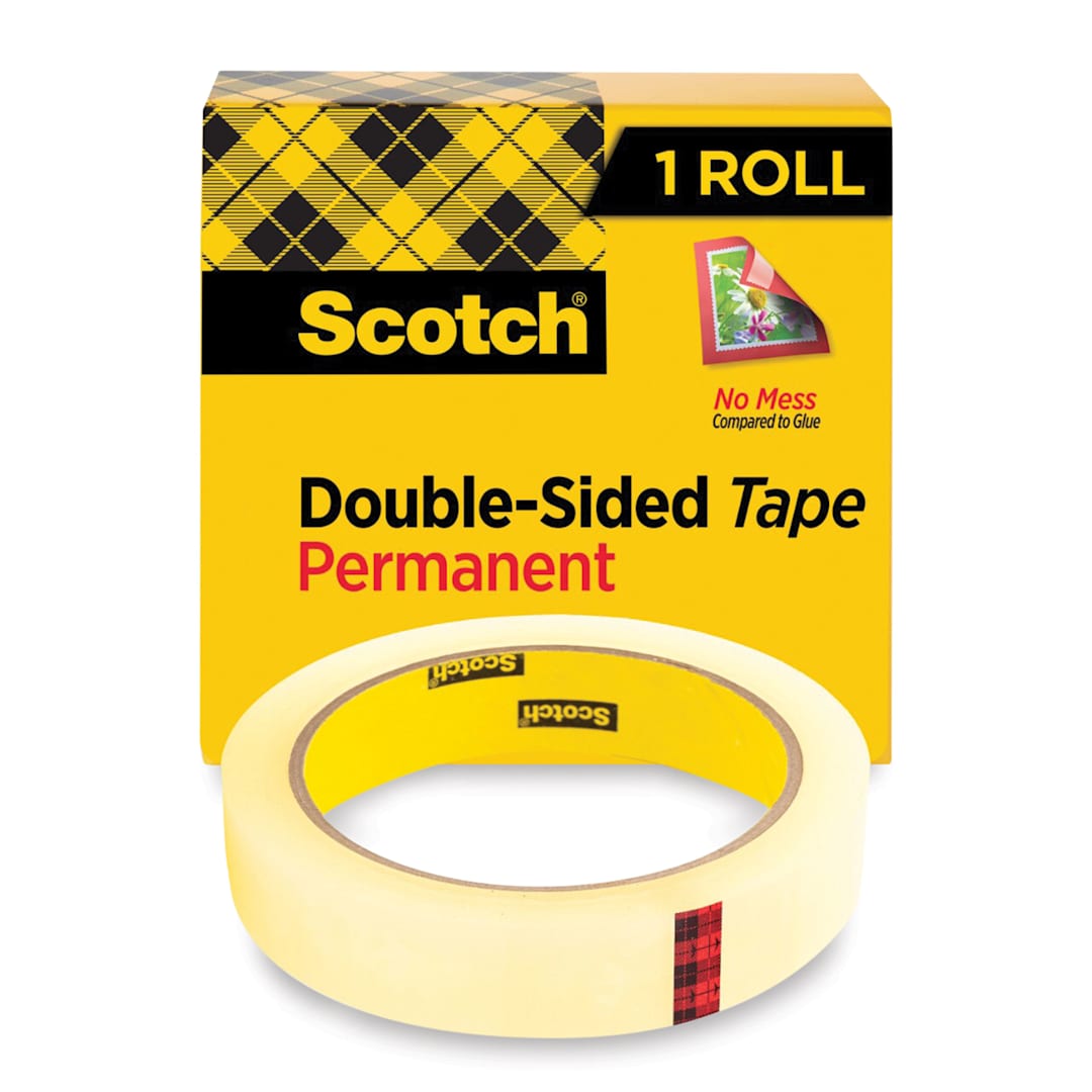 Open in modal - Scotch Permanent Double-Sided Tape - 3/4" x 1296" - front of package alongside roll