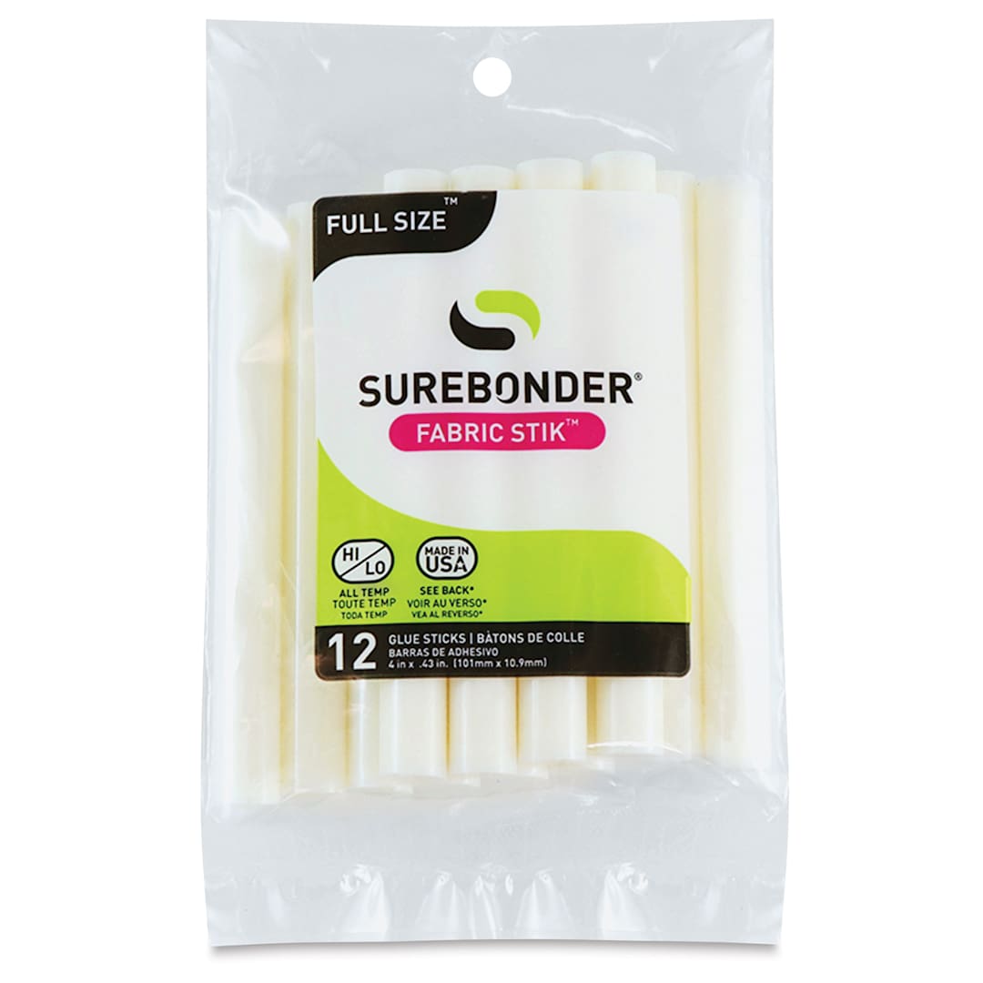 Open in modal - Surebonder Fabric Stik All-Temp Hot Glue Sticks - 4", Pkg of 12 (Front of packaging)