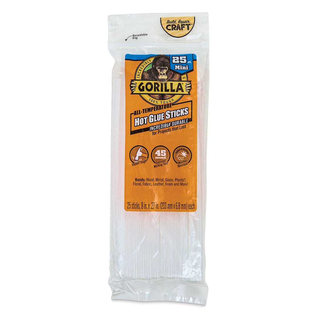 Open in modal - Gorilla Glue Mini Hot Glue Sticks - Pkg of 25, 8" (Front of package)