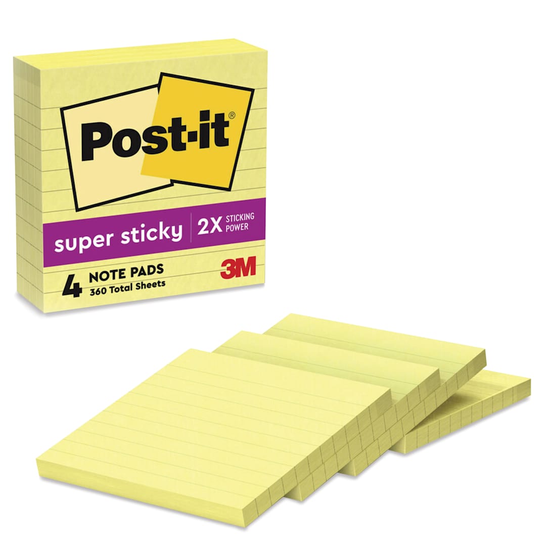 Open in modal - Post-it Super Sticky Notes - 4" x 4", Canary Yellow, Lined, Pkg of 4