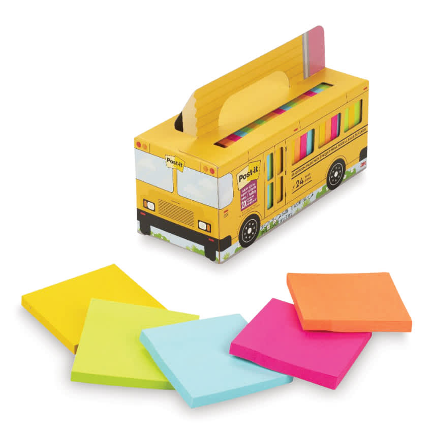 Open in modal - Post-It Super Sticky Notes School Bus Pack - Pkg of 24, Bright Colors, 3" x 3", Blank