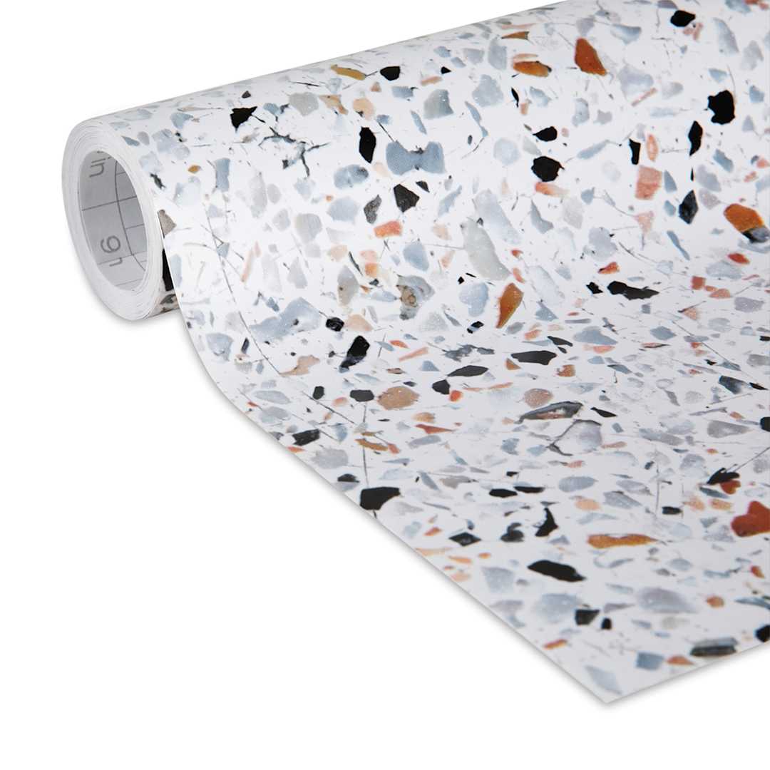 Open in modal - Duck EasyLiner Adhesive Laminate - Closeup of slightly unrolled removable Terrazano pattern 