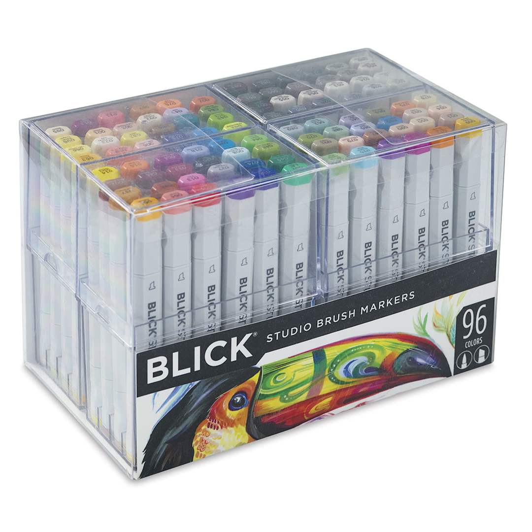 Open in modal - Blick Studio Brush Markers - Set of 96 Assorted Colors. Front of package.