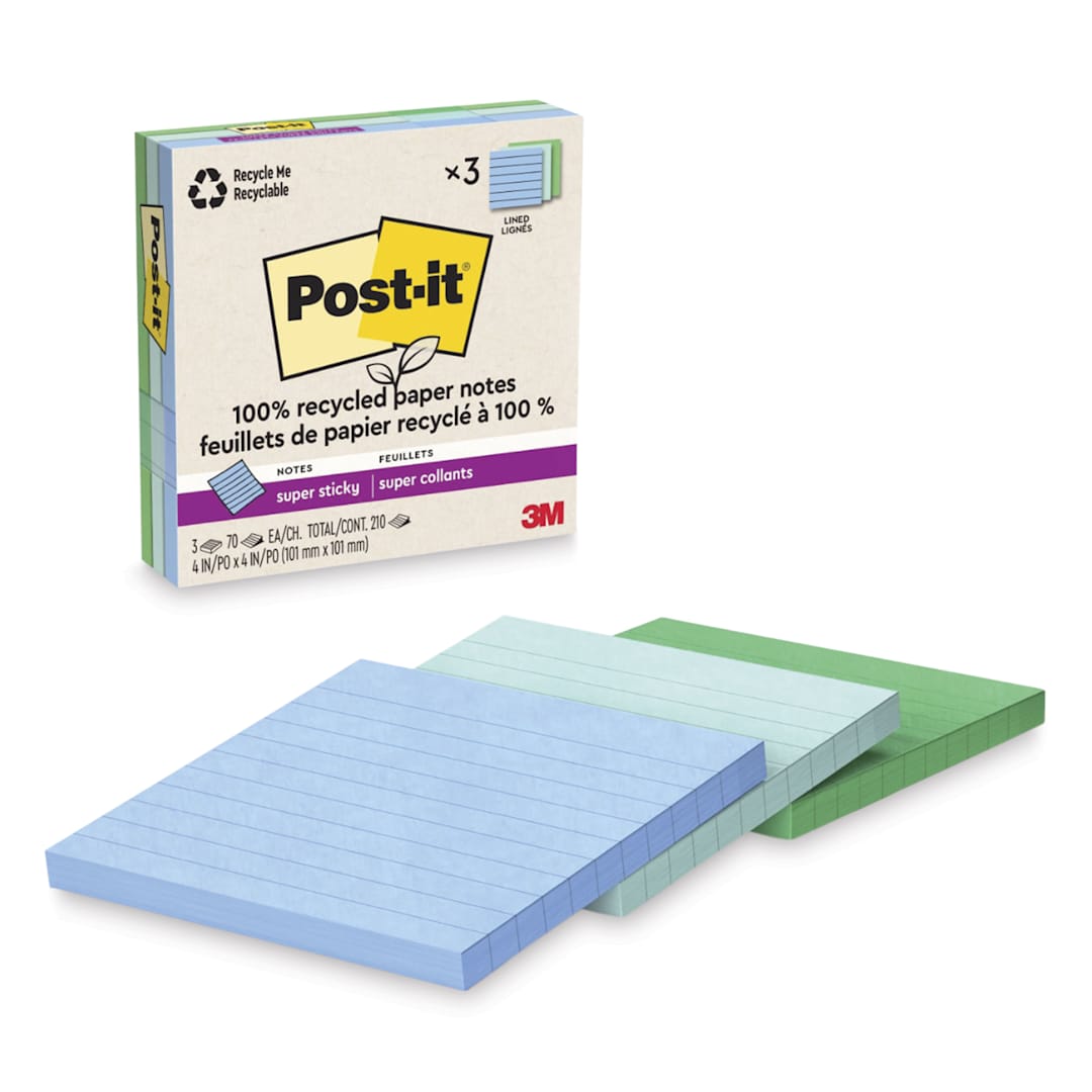 Open in modal - Post-it Recycled Super Sticky Notes - Oasis Collection, 4" x 4", Pkg of 3, Lined