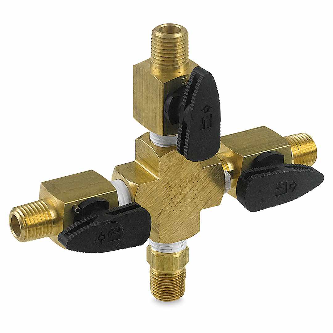 Open in modal - Iwata Airbrush 3-Way Valve Assembly - Angled view showing 3 valves