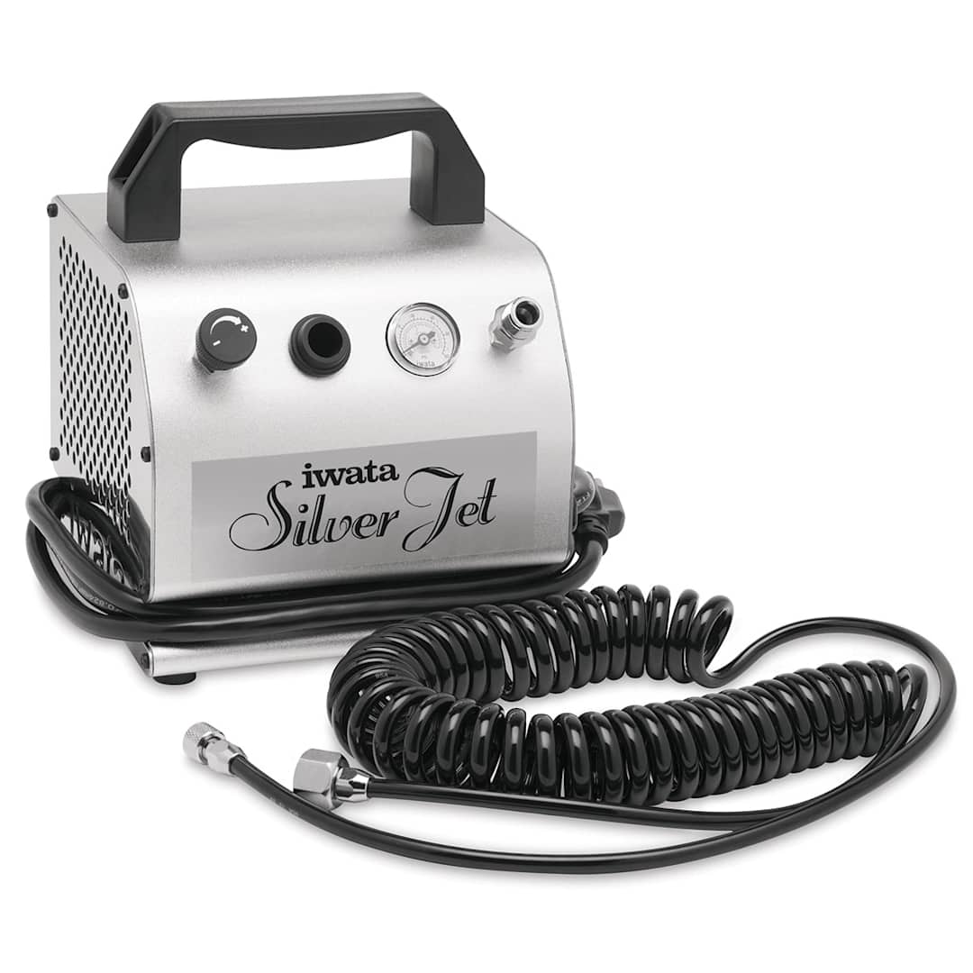 Open in modal - Iwata Silver Jet Studio Compressor - Angled view with hoses
