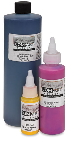 Open in modal - Iwata Com-Art Airbrush Paints - 3 different colors and sizes of bottles shown