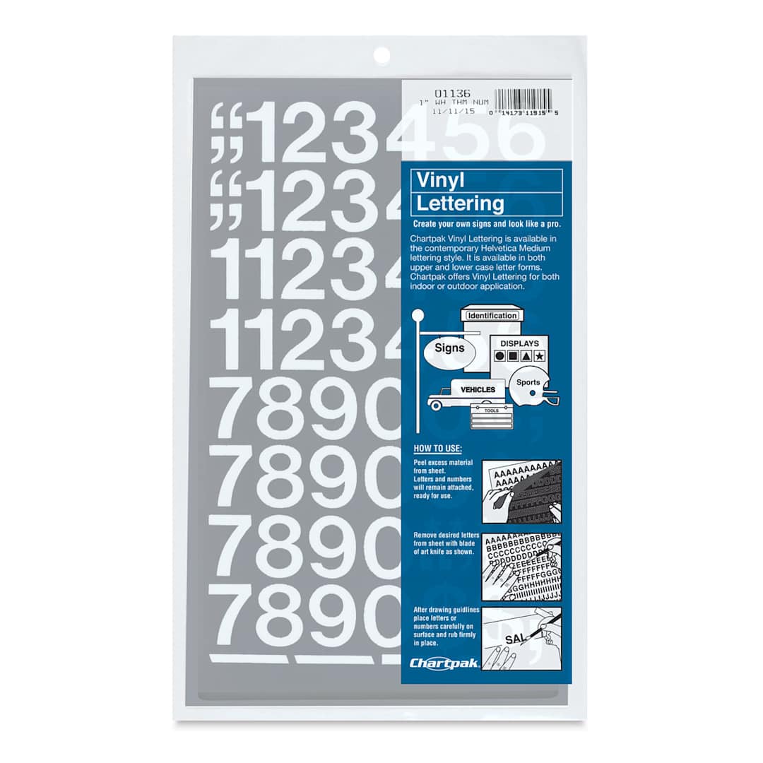 Open in modal - Chartpak Vinyl Numbers - Front of package of 1 inch White Numbers
