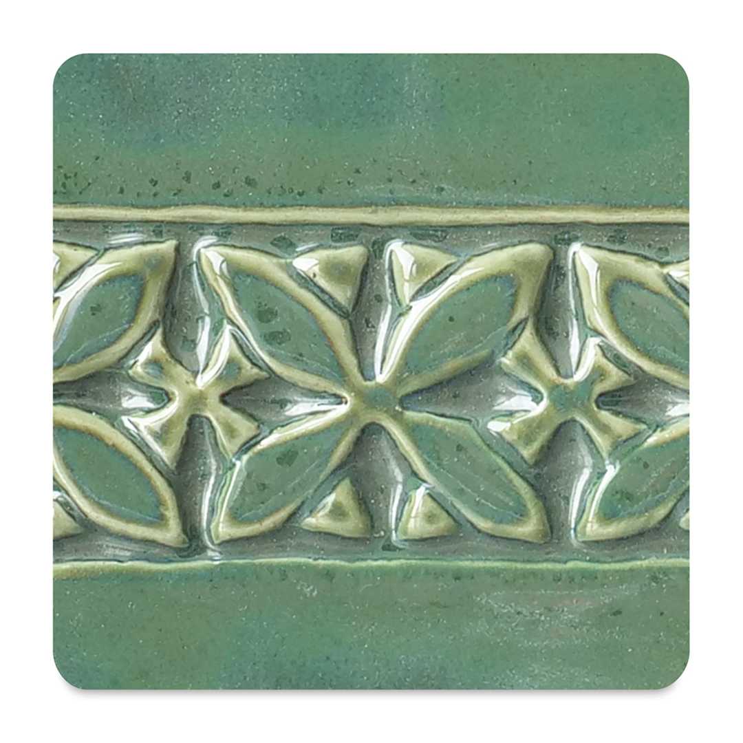 Open in modal - Amaco Potter's Choice Glaze - Gallon, Emerald Falls. Color sample of green light-dark color contrast.