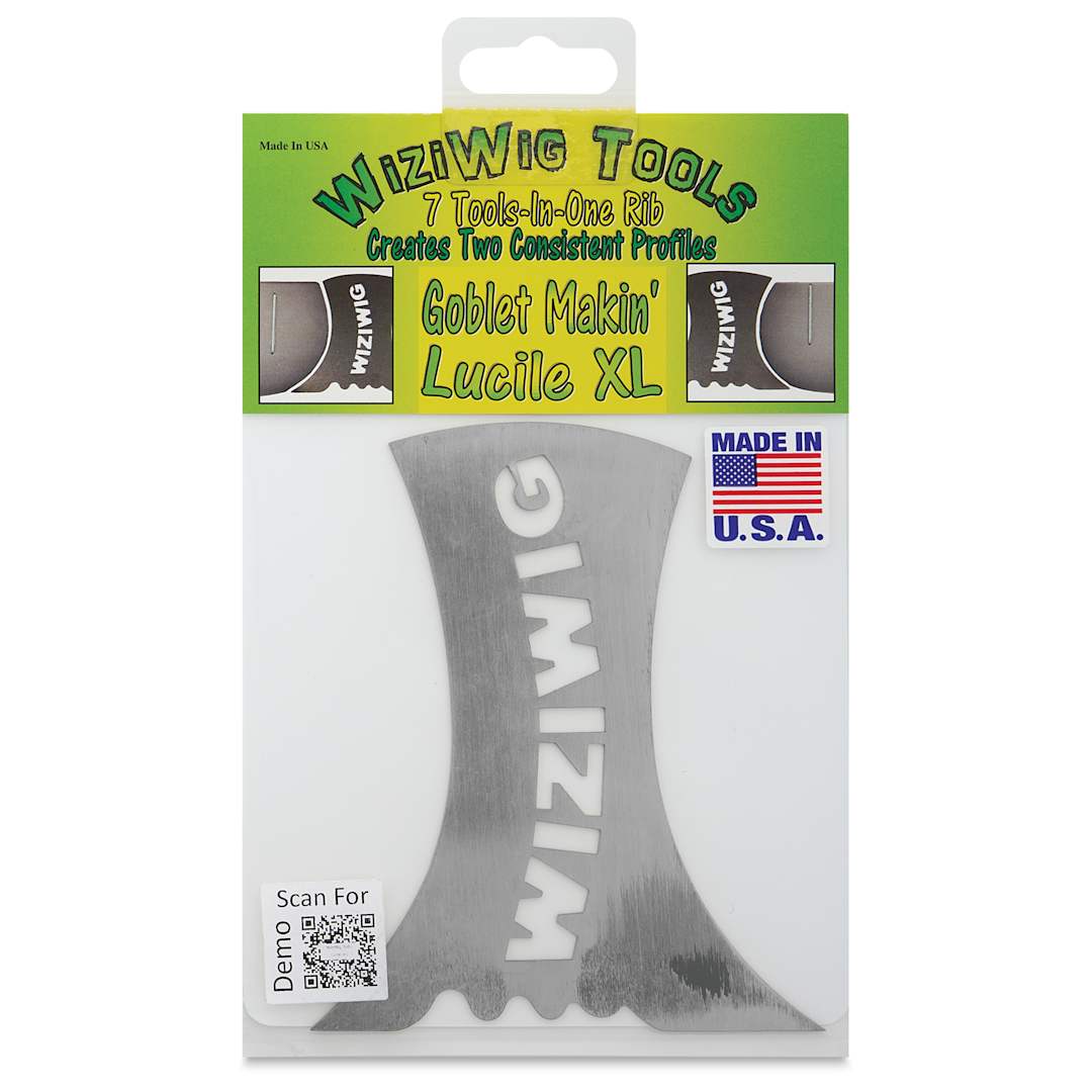 Open in modal - WiziWig Tools Goblet Makin’ Lucile Metal Potter’s Rib - XL, 4-1/2" x 5-1/4", front of packaging