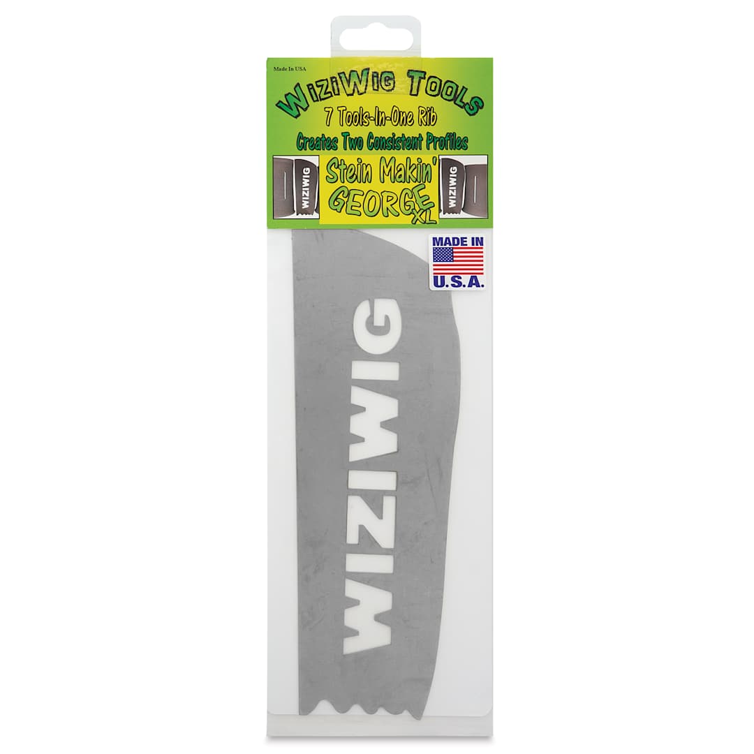 Open in modal - WiziWig Tools Stein Makin’ George Metal Potter’s Rib - XL, 3" x 8-3/4", front of packaging