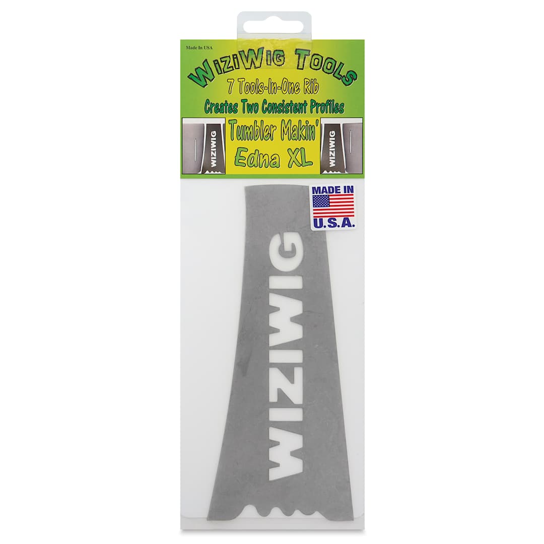 Open in modal - WiziWig Tools Tumbler Makin’ Edna Metal Potter’s Rib - XL, 3-1/4" x 7-1/8", front of packaging