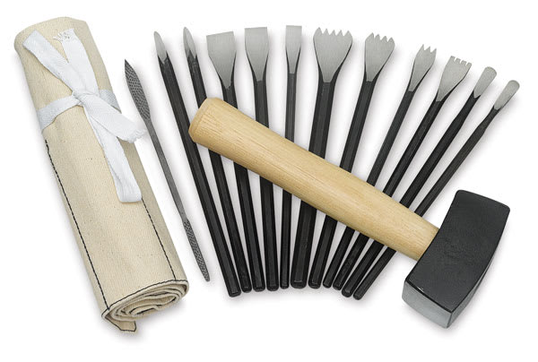 Open in modal - Sculpture House Professional Stone Tool Set - Components of Tool set shown next to rollup pouch