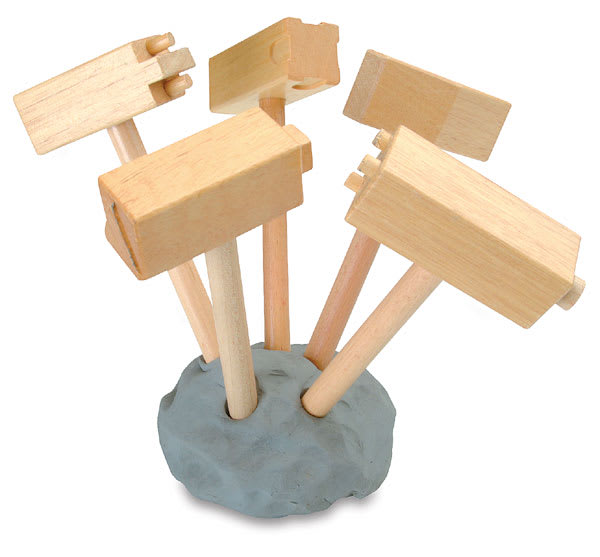 Open in modal - Clay Hammers - Set of Five Hammers stuck upright in lump of clay