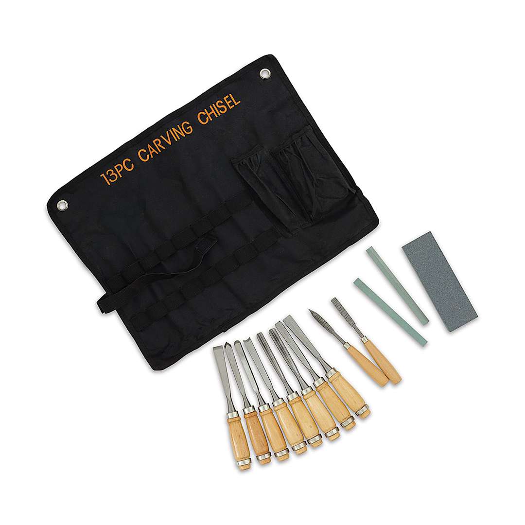 Open in modal - Carving Chisel Set - 13 pc components shown with Fabric Storage case
