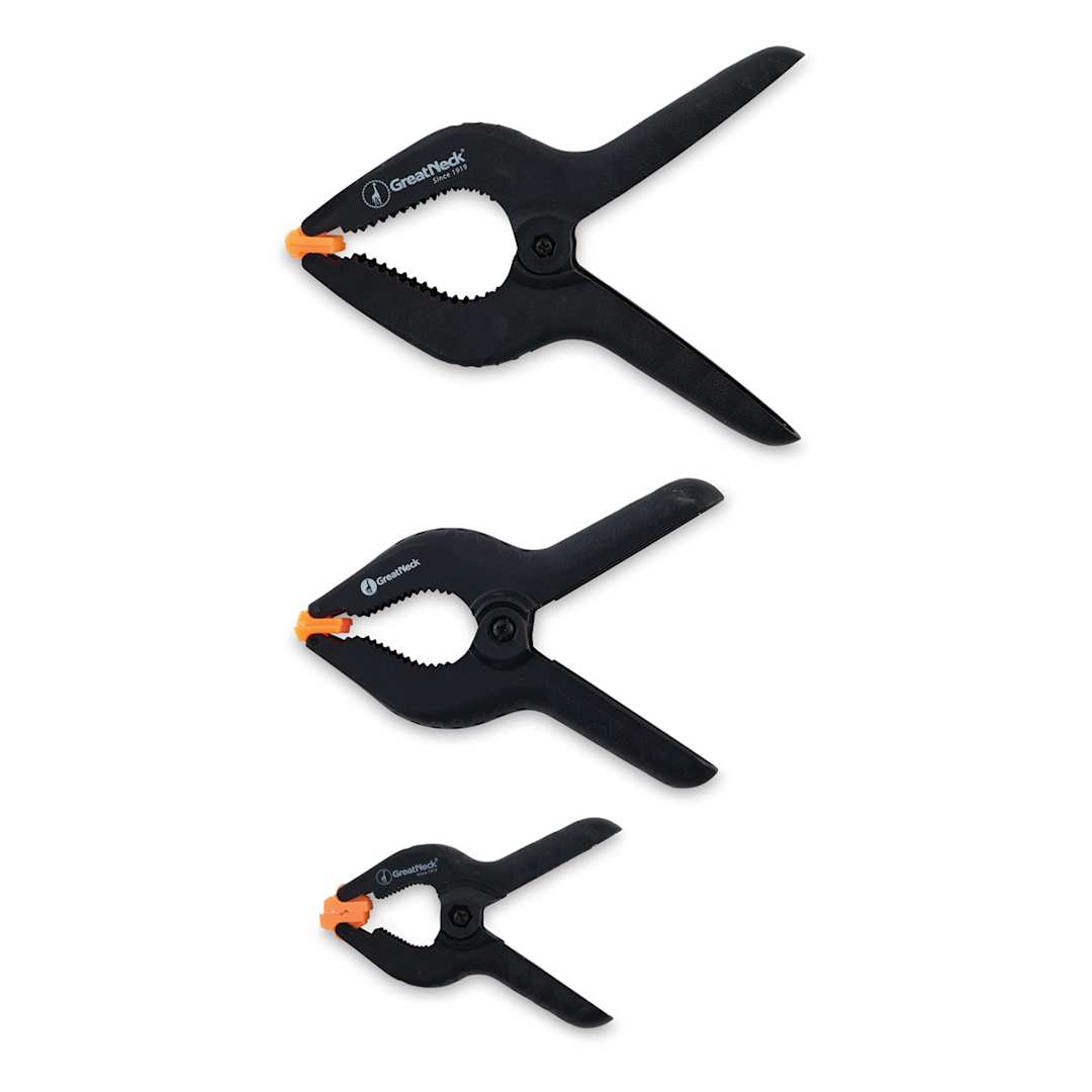 Open in modal - Great Neck Spring Clamps - Side view of three sizes of Clamps

