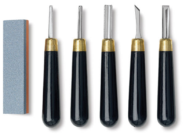 Open in modal - RGM Linoleum Knives - Components of Knife Set with sharpening tool shown upright