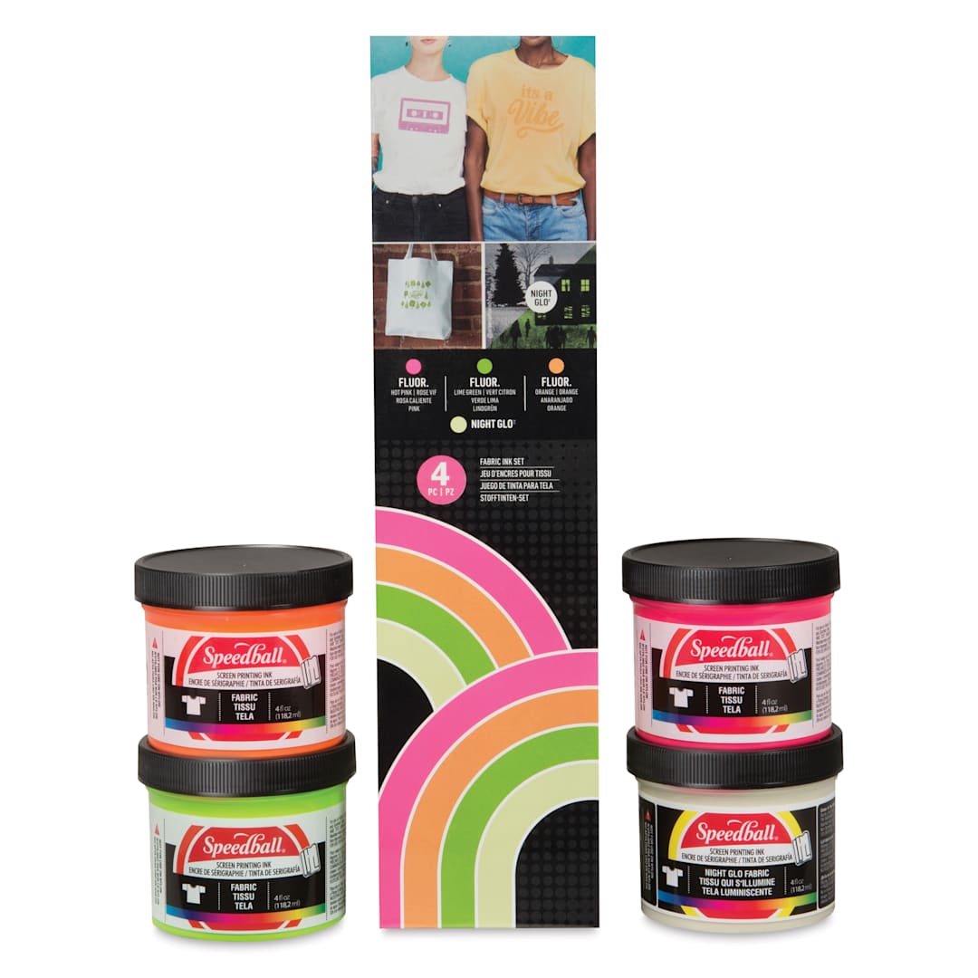 Open in modal - Speedball Fabric Screen Printing Ink - Fluorescent Colors, Set of 4, 4 oz, Jars with packaging