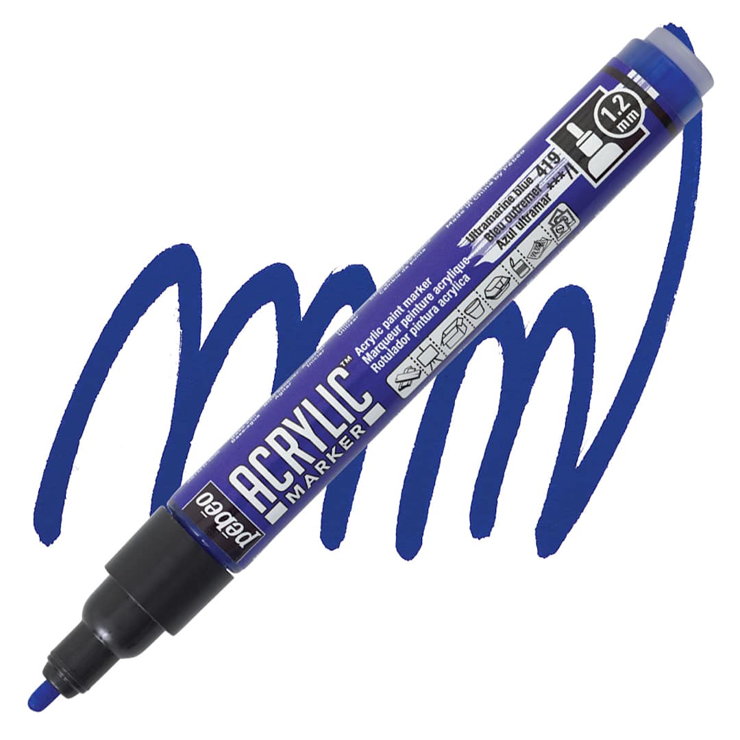 Open in modal - Pebeo Acrylic Marker - Ultramarine Blue, 1.2 mm, Bullet Nib marker and swatch