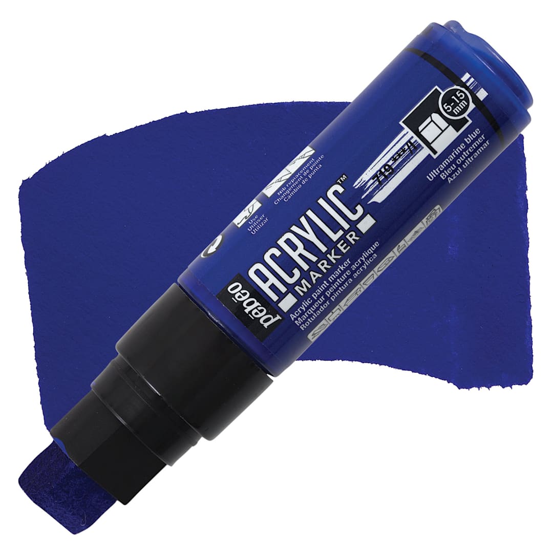 Open in modal - Pebeo Acrylic Marker - Ultramarine Blue, 5-15 mm, Flat Nib marker and swatch