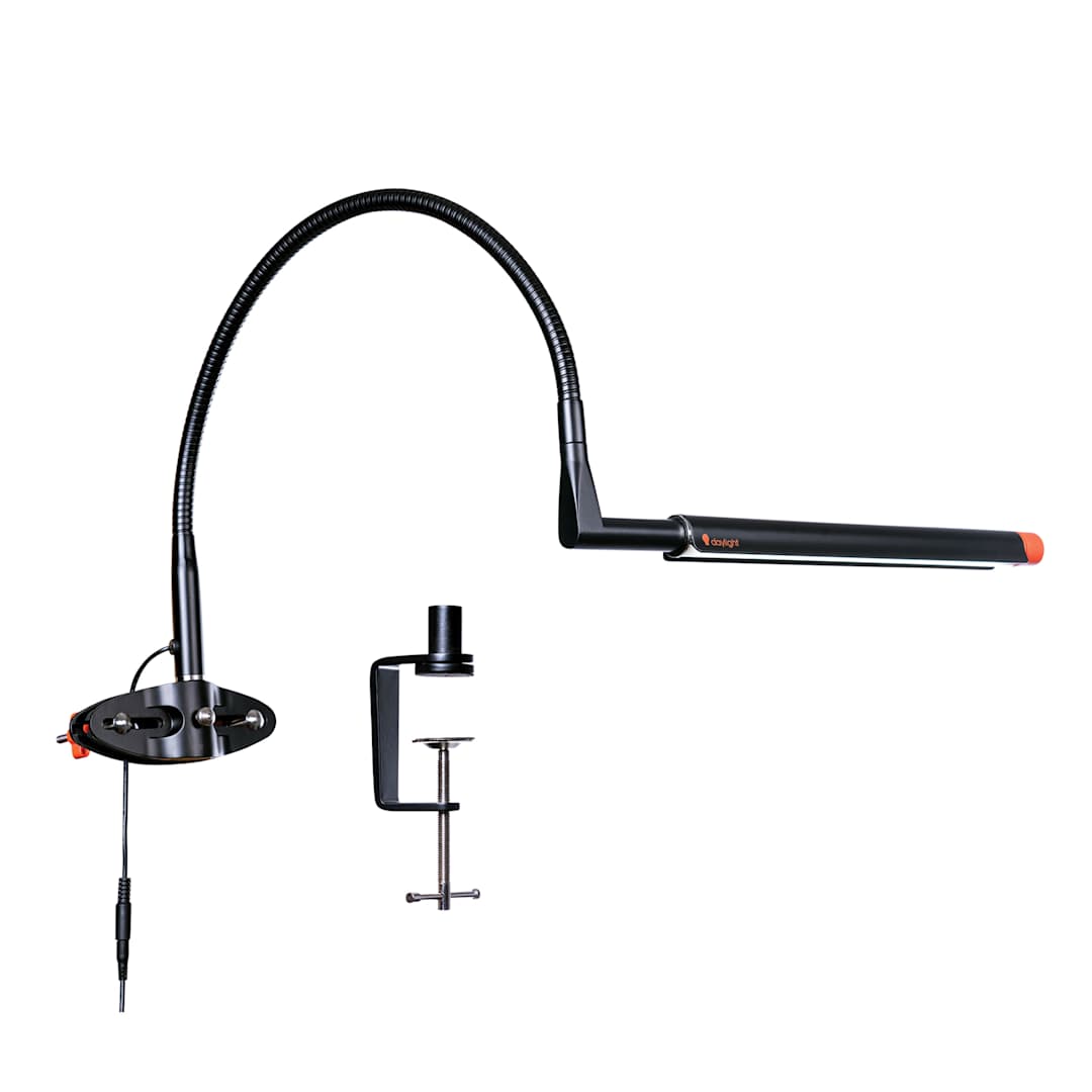 Open in modal - Daylight Techne 2 Artist & Drafting Lamp - Black and Orange, with easel and table clamps