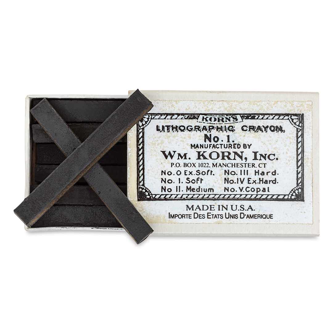 Open in modal - Korn's Lithographic Crayons - Box of 12, #1 Soft - with box slid half open