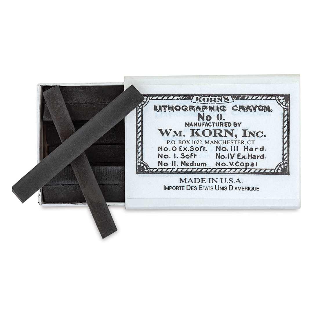 Open in modal - Korn's Lithographic Crayons - Box of 12, #0 Extra Soft - top view with box slid half open