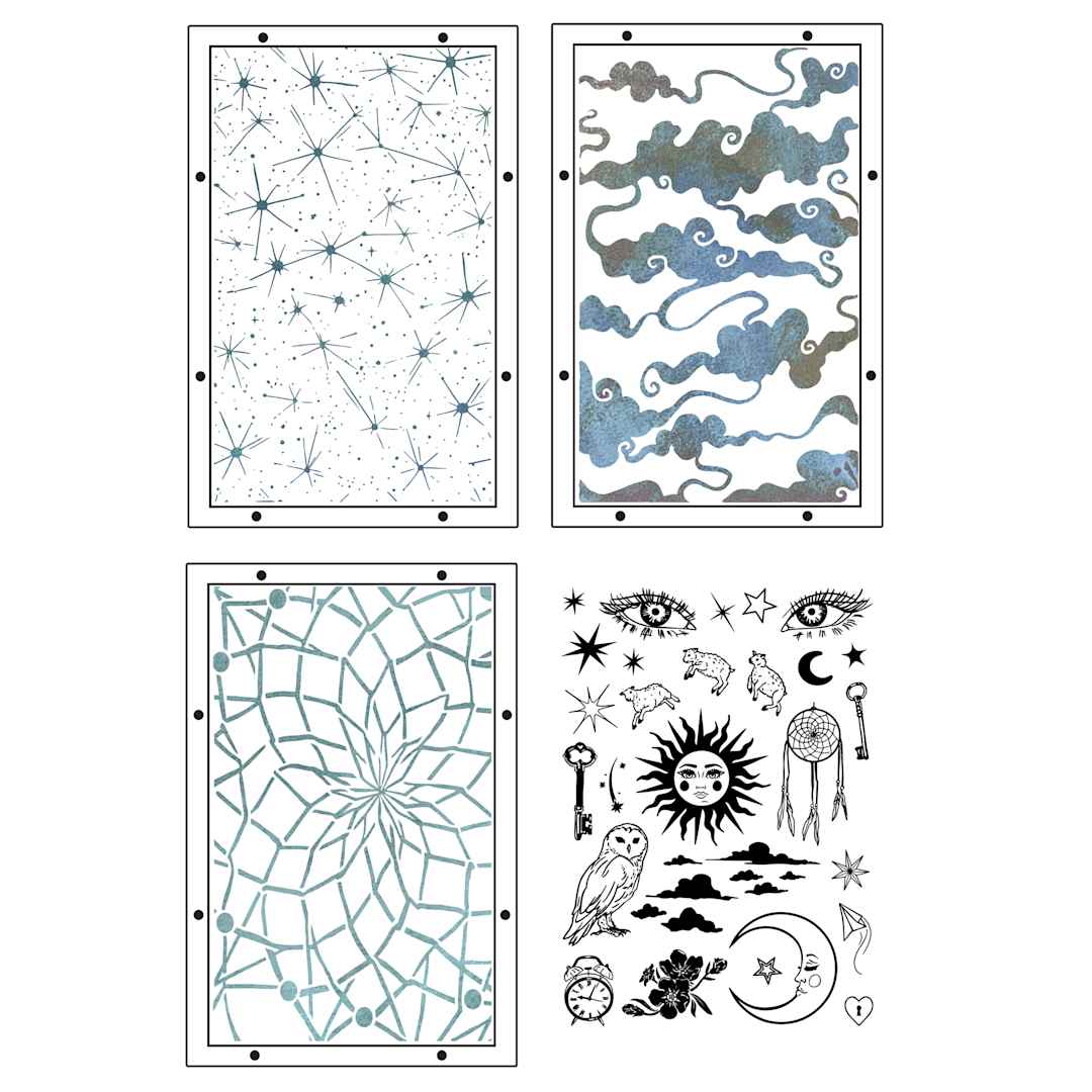 Open in modal - Sizzix Studio Layered Stencil and Stamp Set - Set of 30, Dreamscape