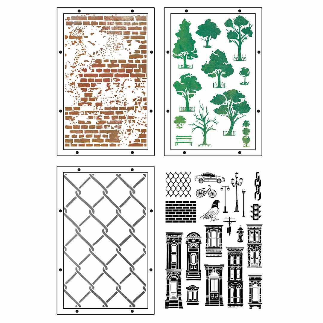 Open in modal - Sizzix Studio Layered Stencil and Stamp Set - Set of 23, City Life