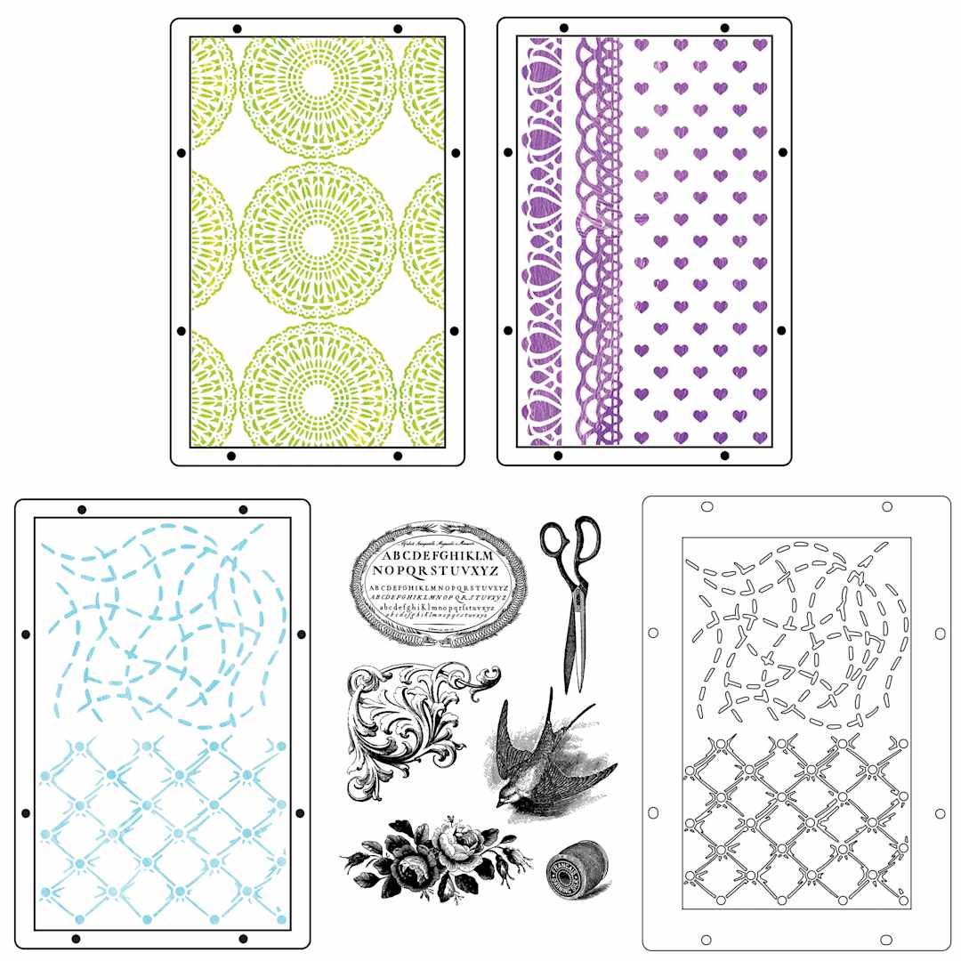 Open in modal - Sizzix Studio Layered Stencil and Stamp Set - Set of 9, Stitches A5