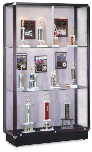 Open in modal - Waddell Prominence Display Case - left angle showing two glass shelves and Bronze frame