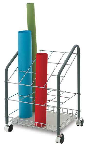 Open in modal - Safco Steel Wire Roll File - Angled view of 12 slot File with rolls of paper upright
