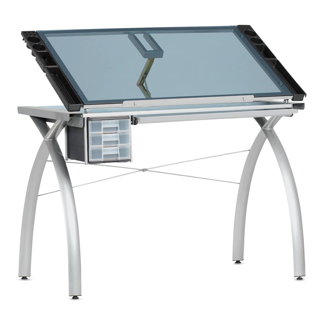 Open in modal - Studio Designs Futura Craft Station - Silver Frame/Blue, front of the table with top raised
