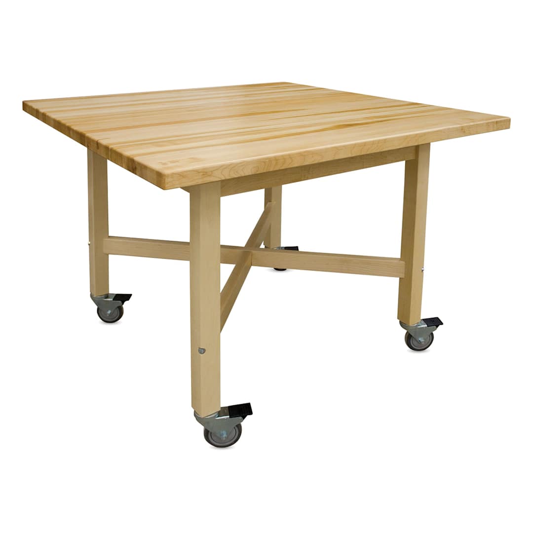 Open in modal - Hann Four-Student "X" Table - Left angle showing Leg braces and casters on 36" Sq. Maple Top Table 