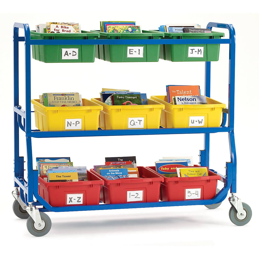 Open in modal - Copernicus Library On Wheels - Angled view of cart holding 9 tubs of books
