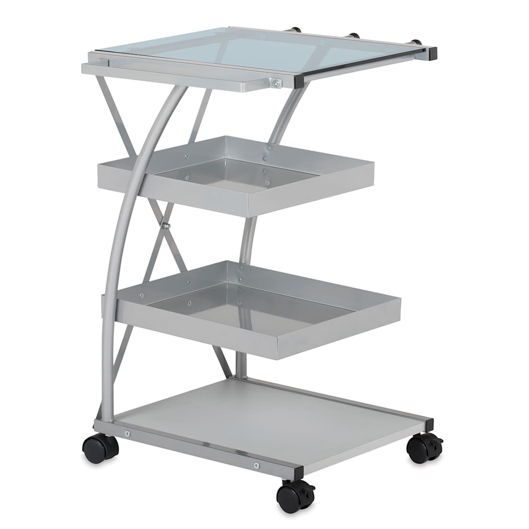 Open in modal - Studio Designs Silver Triflex Taboret -Angled front view showing glass top and 3 shelves