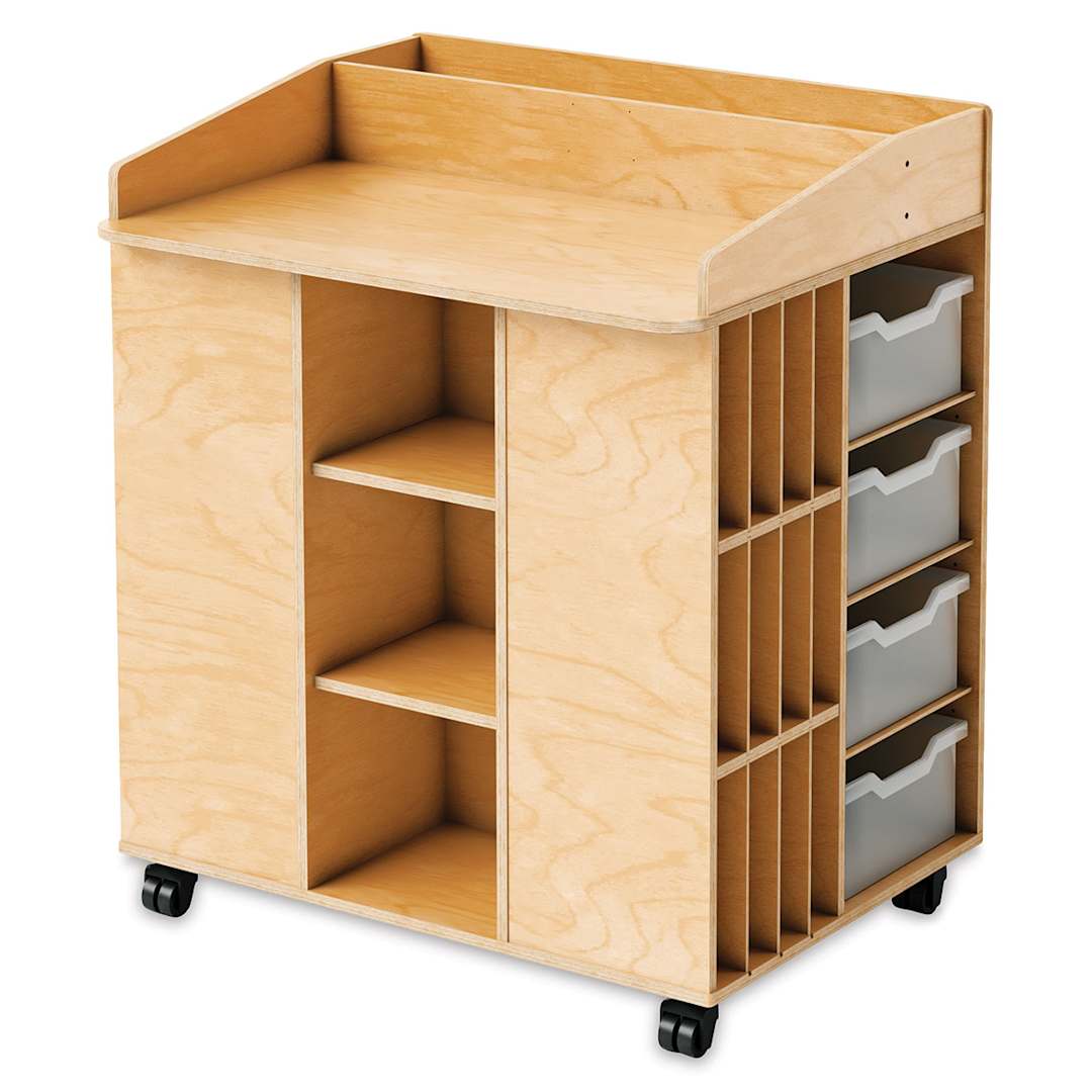 Open in modal - Whitney Brothers Classroom Mobile Communication Station - Rear view showing fixed shelves
