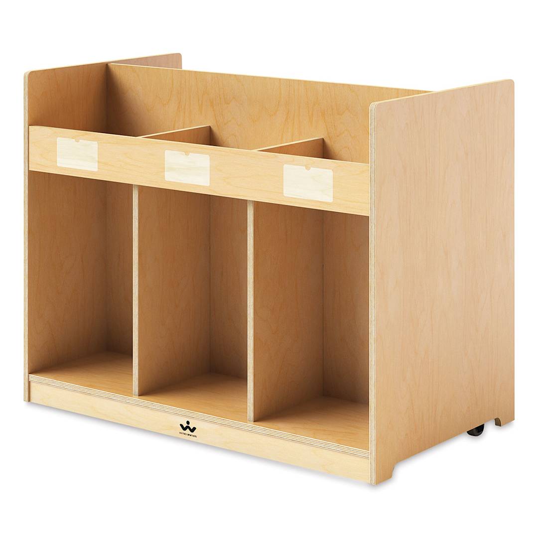 Open in modal - Whitney Brothers Mobile Library Book Cabinet - right angle view, storage areas and wheels shown