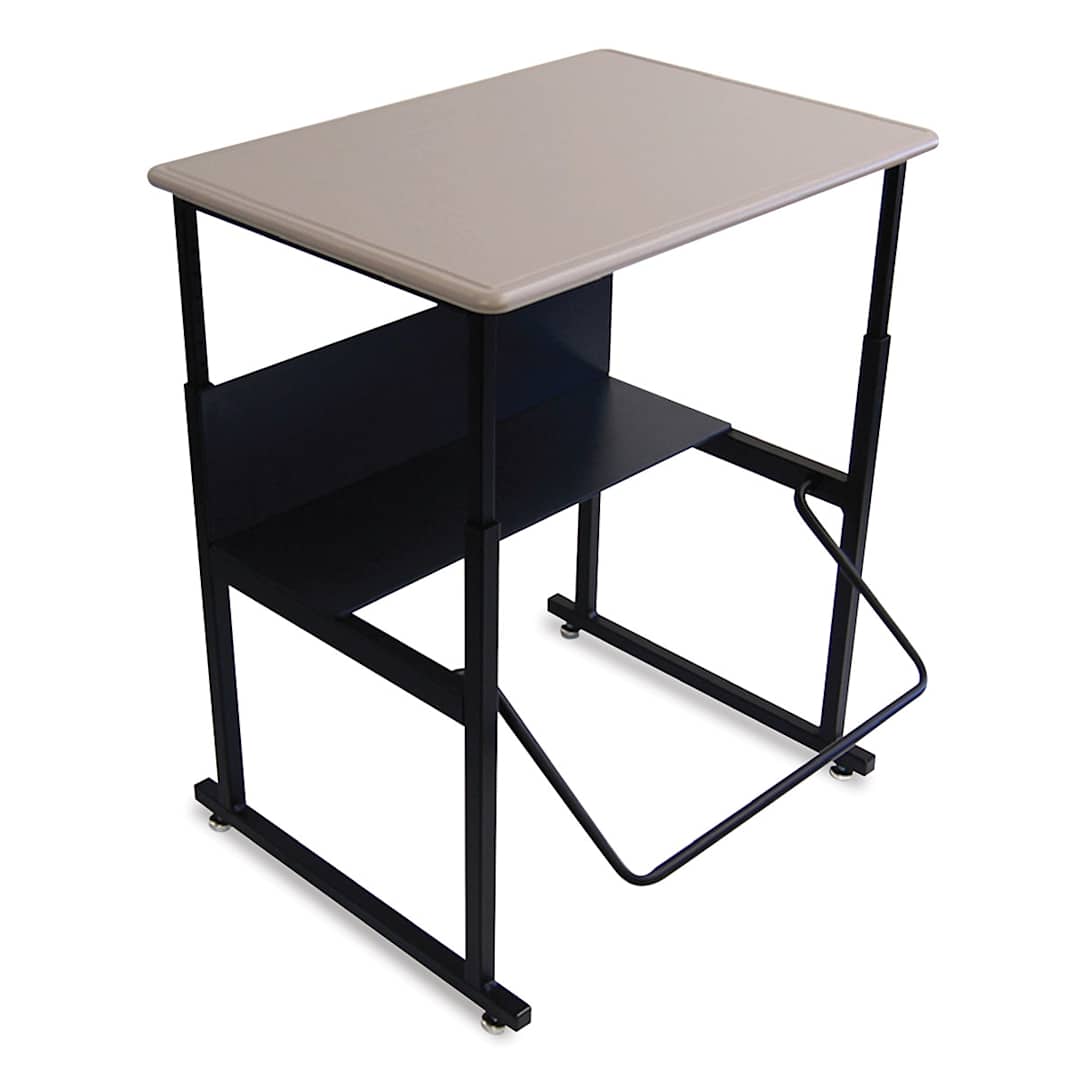 Open in modal - Safco AlphaBetter Stand-Up Desks- Left angle of desk showing Beige surface and swinging footrest