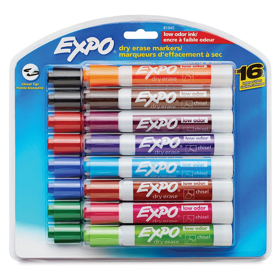 Open in modal - Expo Dry Erase Low Odor Markers - front of package of 16 pc Chisel Tip markers